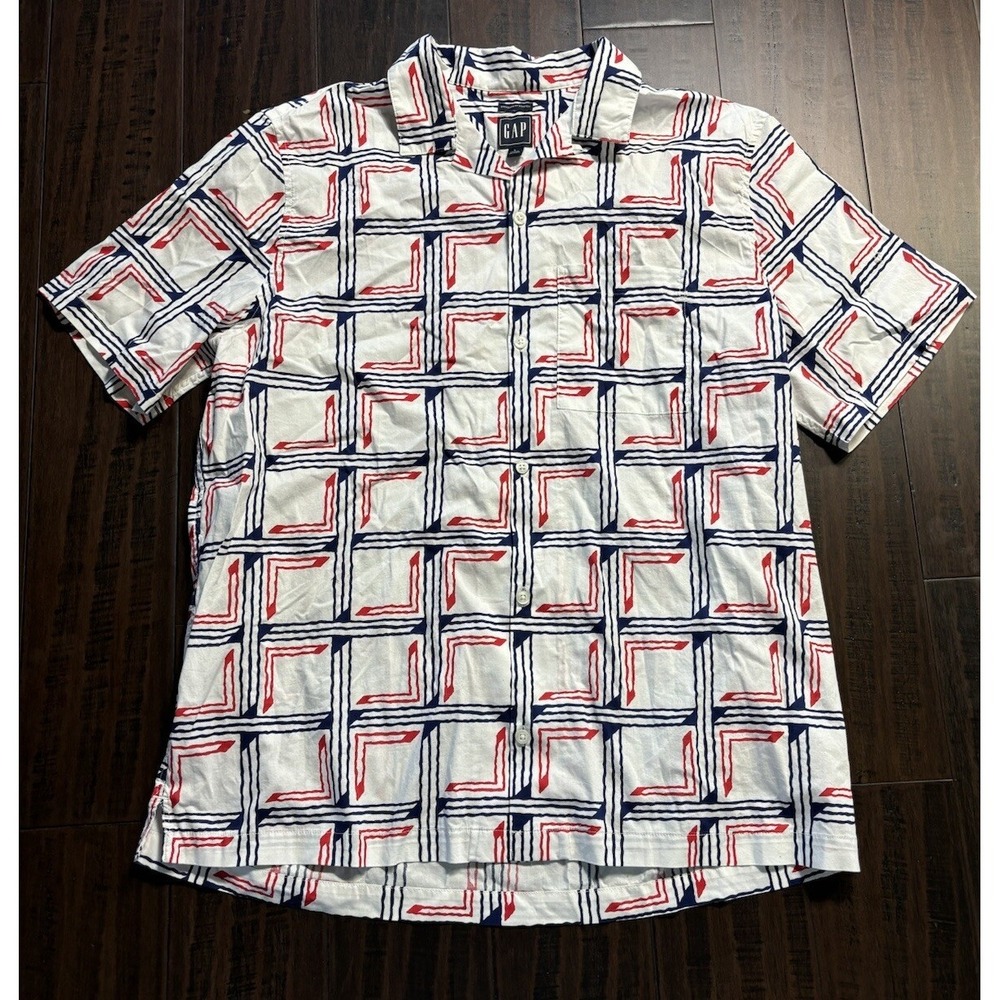 Gap Shirt Mens L Short Sleeve Button Up Preppy Comfort Patriotic Red White Blue